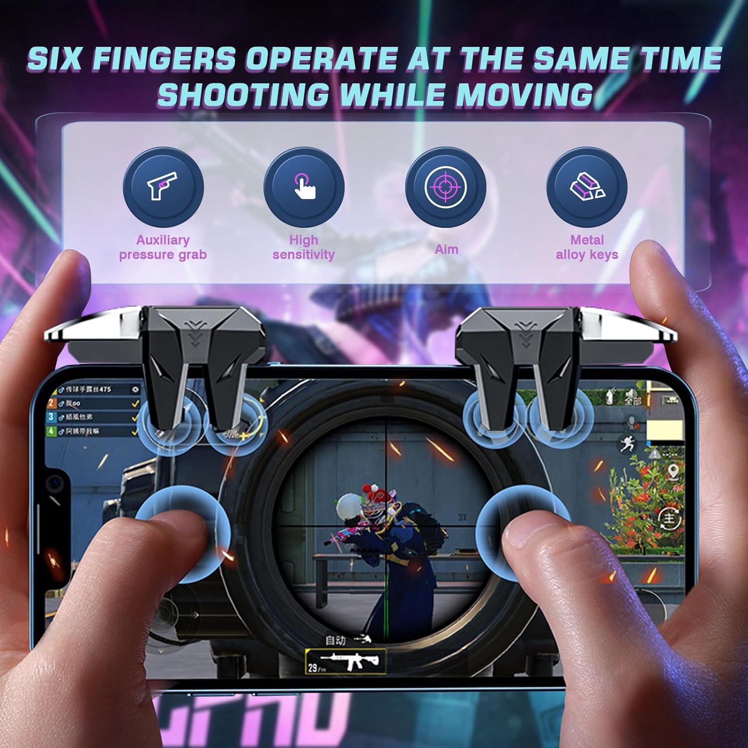 Mobile Game Triggers for iPhone/Android, Shooting Sensitive Controllers, Joystick Aiming & Shooting Triggers, for PUBG, COD, Fortnite, Zero Lag, 6 Finger Gamepads - High Sensitivity.