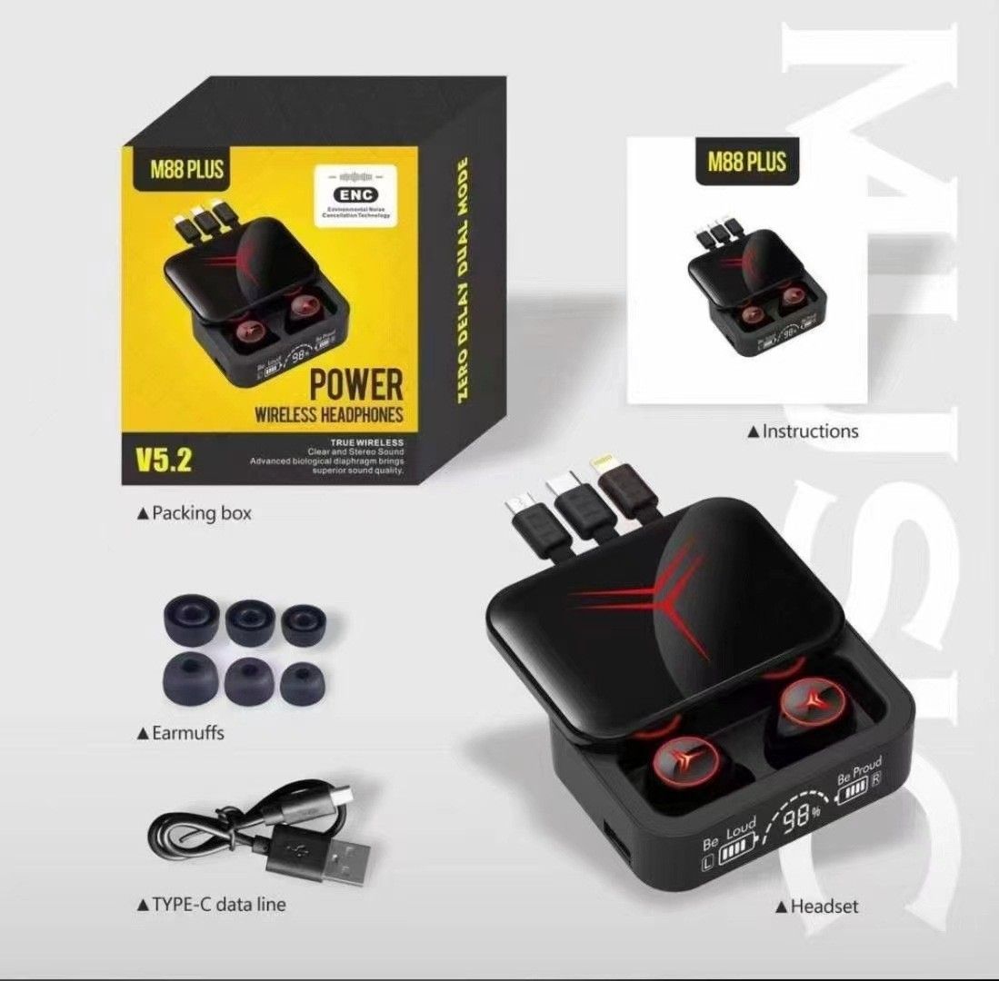 M90 Pro TWS Wireless Bluetooth 5.3 Earphone 9D Sport Stereo Earbuds LED Display Touch Control Noise Reduction gaming Hearphones With Microphone For iPhone Android