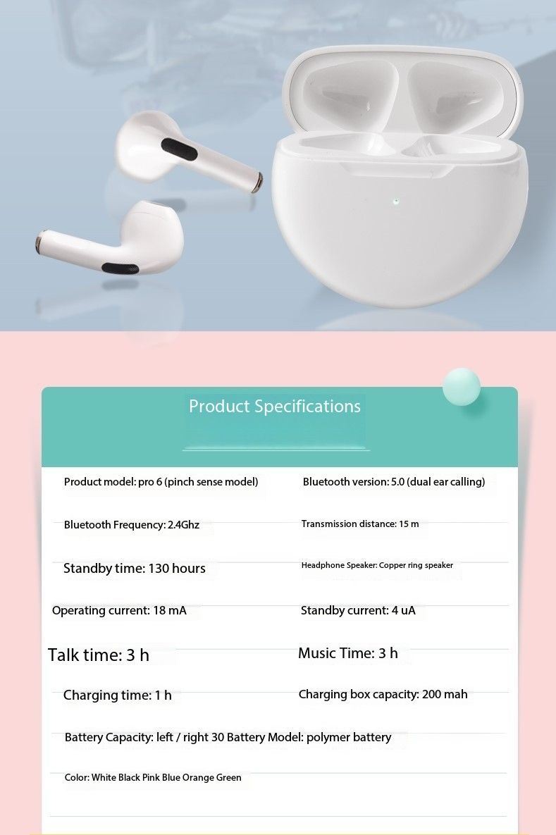 Bluetooth Headsets Pro6 Stereo Wireless 5.3TWS in-ear sports headsets pro6 wireless headsets