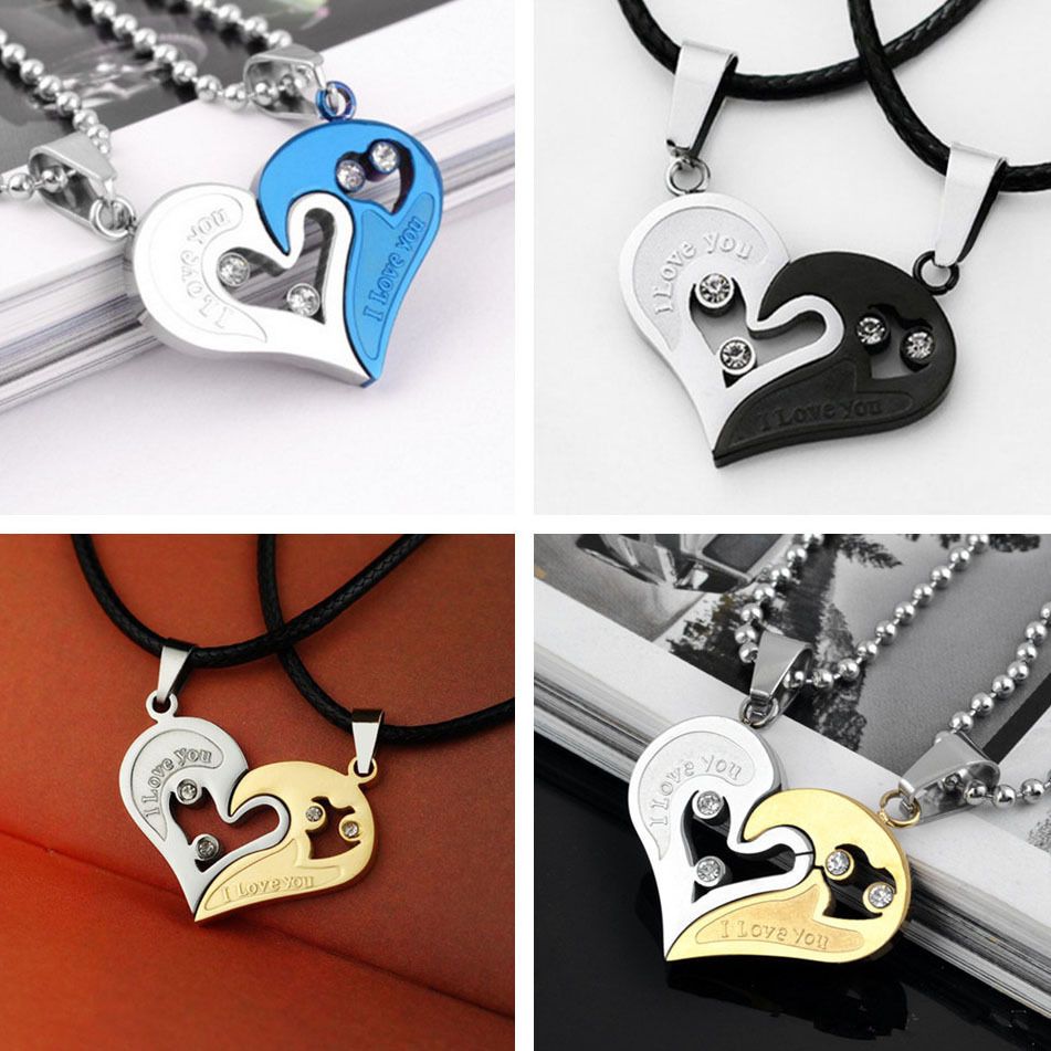 A pair of heart-shaped diamond-encrusted pendants with a bead chain love couple necklace