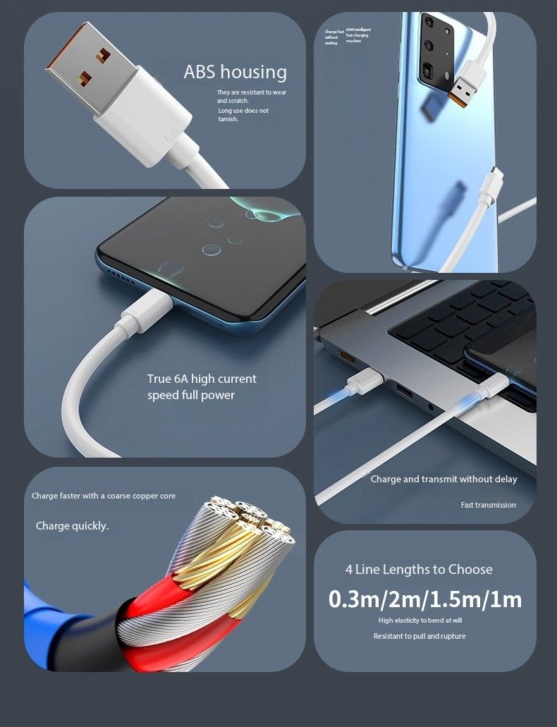 Type-c single-head data cable 6A Flash Charge cable typec is suitable for Huawei mobile phone charging cable quick charge gift