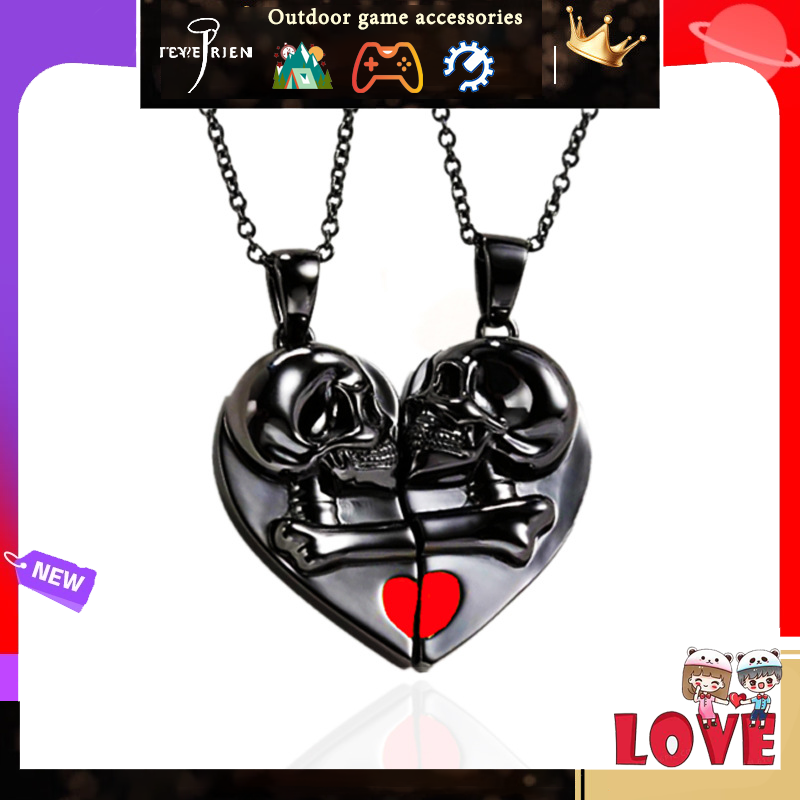 European and American punk style retro skull Halloween pendant magnetic splicing love for a small couple necklace