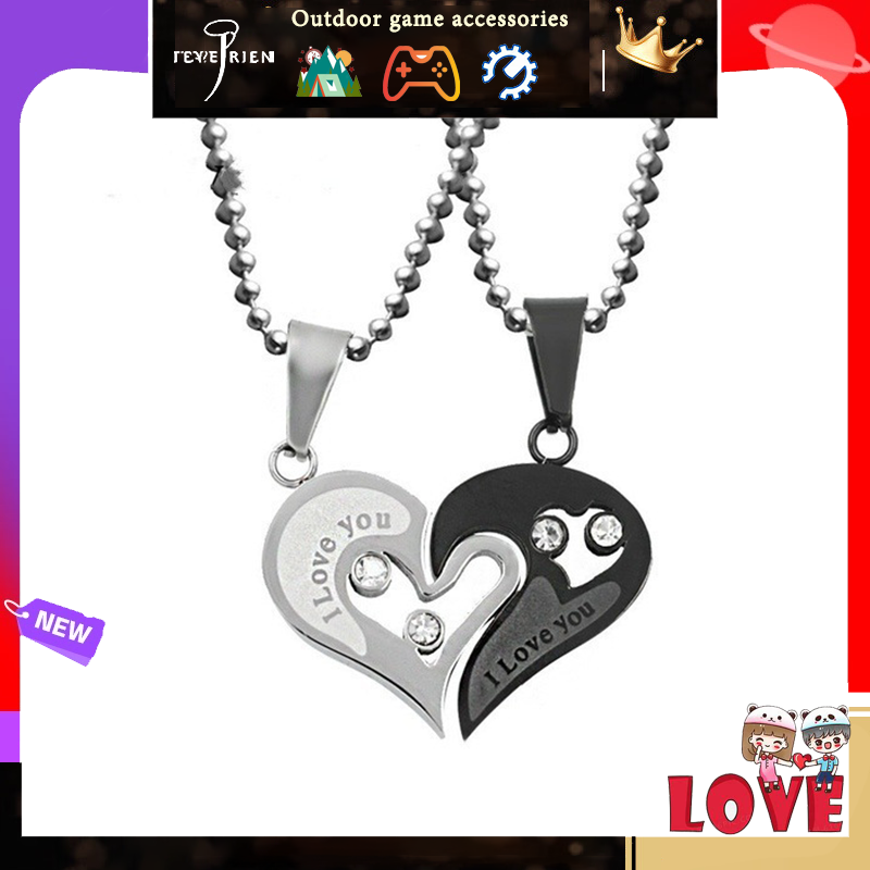 A pair of heart-shaped diamond-encrusted pendants with a bead chain love couple necklace