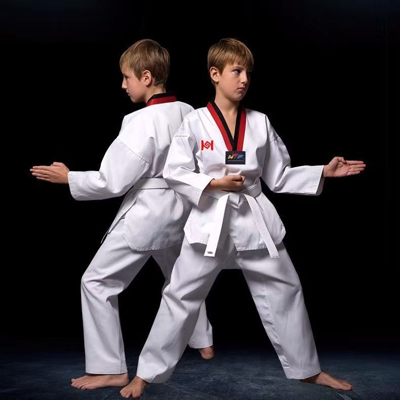 Taekwondo clothing for children and adults, long-sleeved and short-sleeved taekwondo uniforms, training uniforms, polyester-cotton taekwondo uniforms, training uniforms