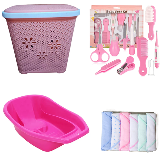 Kids Baby Laundry Basket + Care Set + Bath Basin + Wash Cloths