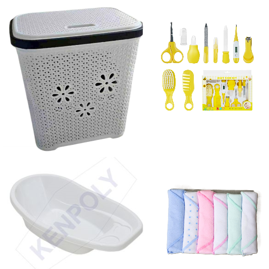 Kids Baby Laundry Basket + Care Set + Bath Basin + Wash Cloths