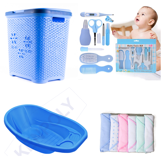 Kids Baby Laundry Basket + Care Set + Bath Basin + Wash Cloths