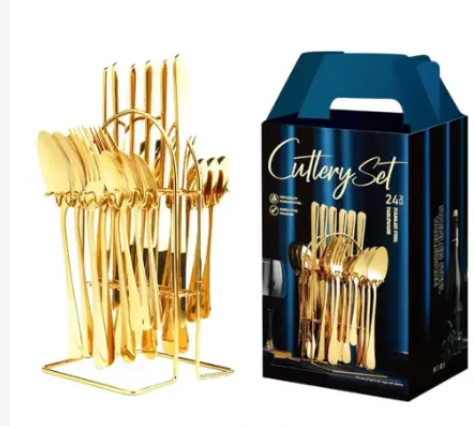 Generic gold Cutlery Set(24pcs) Material: Stainless Steel Pattern: Solid & Patterned Number of Pieces: 24 (6-table spoons, 6-tea spoons, 6-forks, 6-butter knives) Dish washer safe: Gold 15cm
