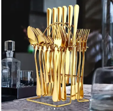 Generic gold Cutlery Set(24pcs) Material: Stainless Steel Pattern: Solid & Patterned Number of Pieces: 24 (6-table spoons, 6-tea spoons, 6-forks, 6-butter knives) Dish washer safe: Gold 15cm