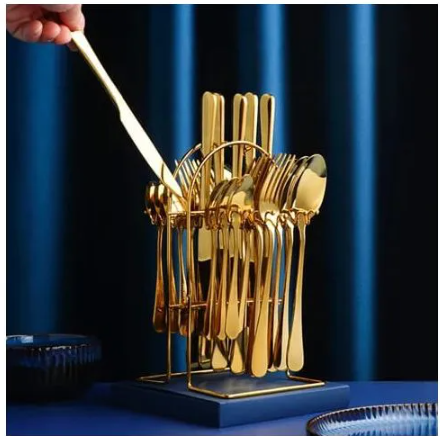 Generic gold Cutlery Set(24pcs) Material: Stainless Steel Pattern: Solid & Patterned Number of Pieces: 24 (6-table spoons, 6-tea spoons, 6-forks, 6-butter knives) Dish washer safe: Gold 15cm