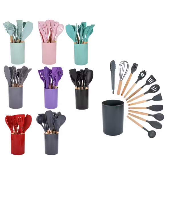12-Piece Silicone Cooking Spoon Set with Bamboo Handles – Non-Stick Heat Resistant Kitchen Utensils