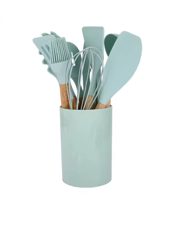 12-Piece Silicone Cooking Spoon Set with Bamboo Handles – Non-Stick Heat Resistant Kitchen Utensils