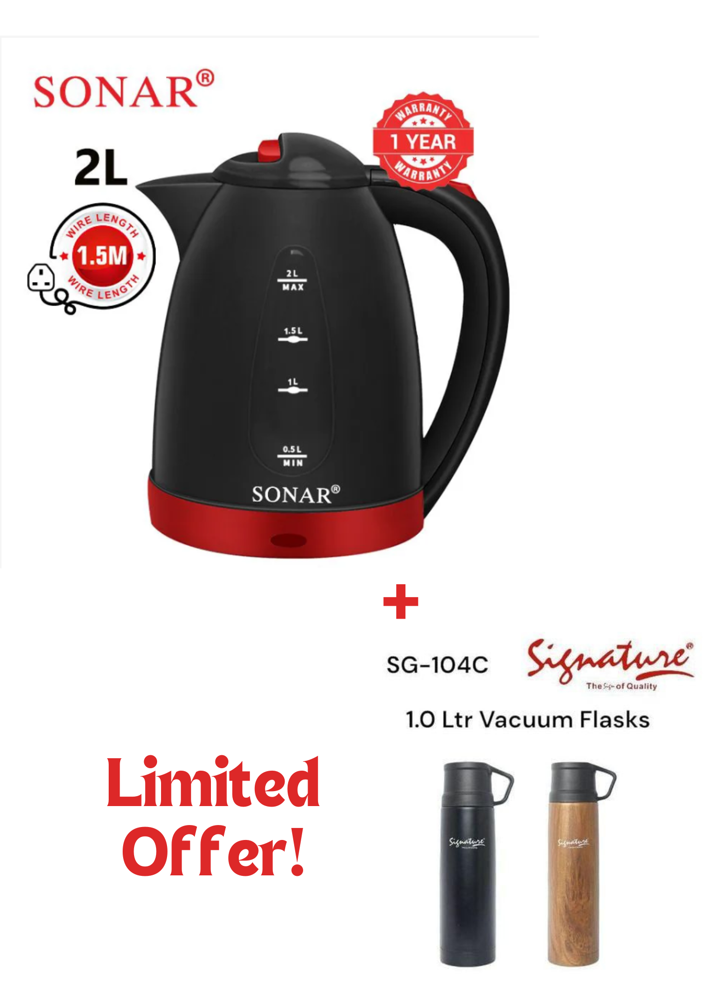 2 Litres Electric Water Kettle plus added bonus Signature steel Vacuum flask, Large capacity kettle boils more water, energy saving + Free flask