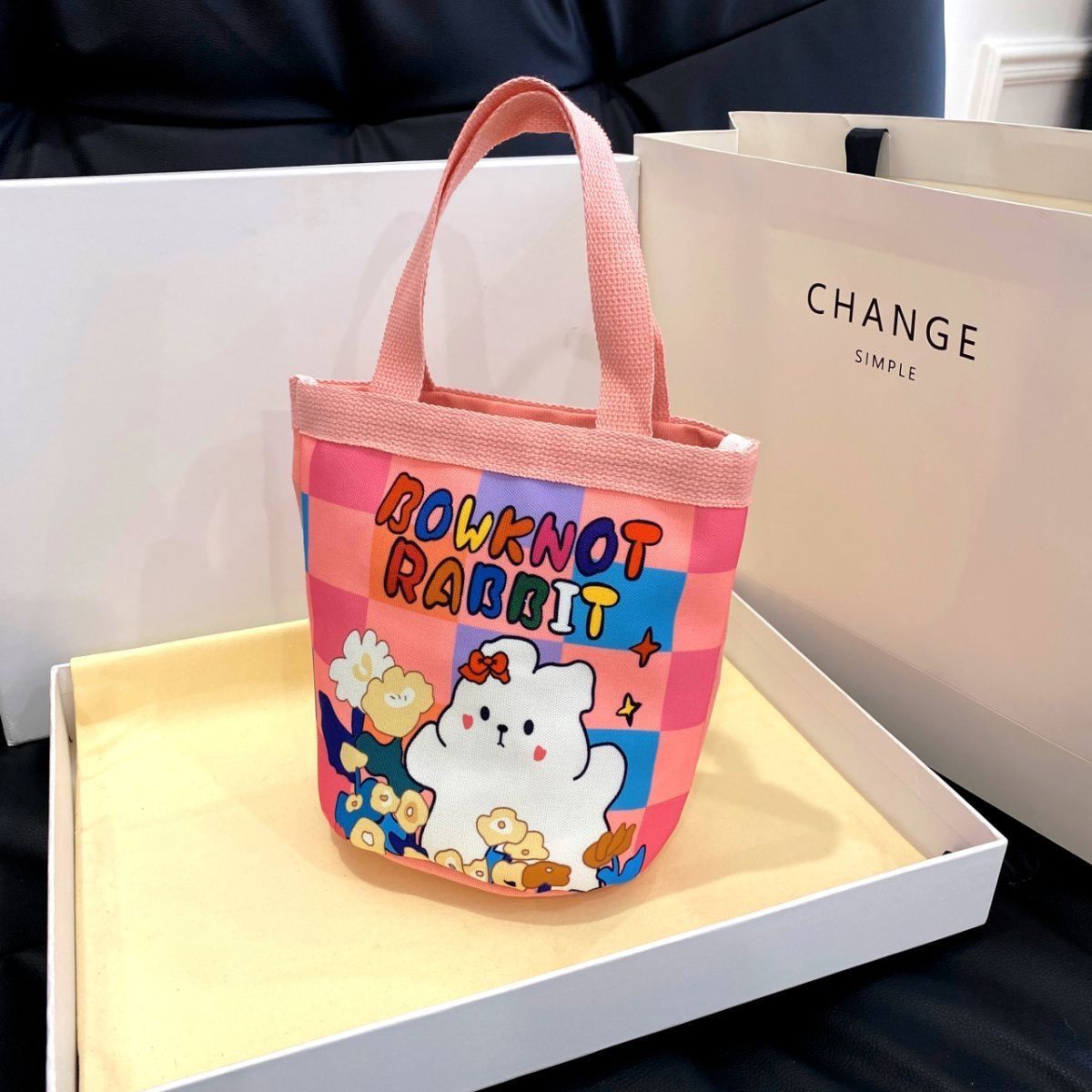 Cute Graffiti Bucket Bag Ins Printed Cylinder Bag Canvas Bento Bag Korean Style Girl Handheld Lunch Box Mommy Bag