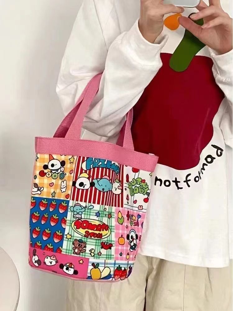 Cute Graffiti Bucket Bag Ins Printed Cylinder Bag Canvas Bento Bag Korean Style Girl Handheld Lunch Box Mommy Bag
