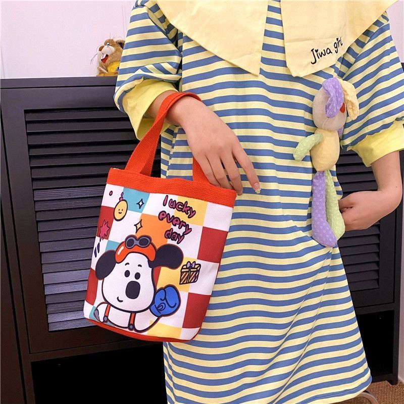 Cute Graffiti Bucket Bag Ins Printed Cylinder Bag Canvas Bento Bag Korean Style Girl Handheld Lunch Box Mommy Bag