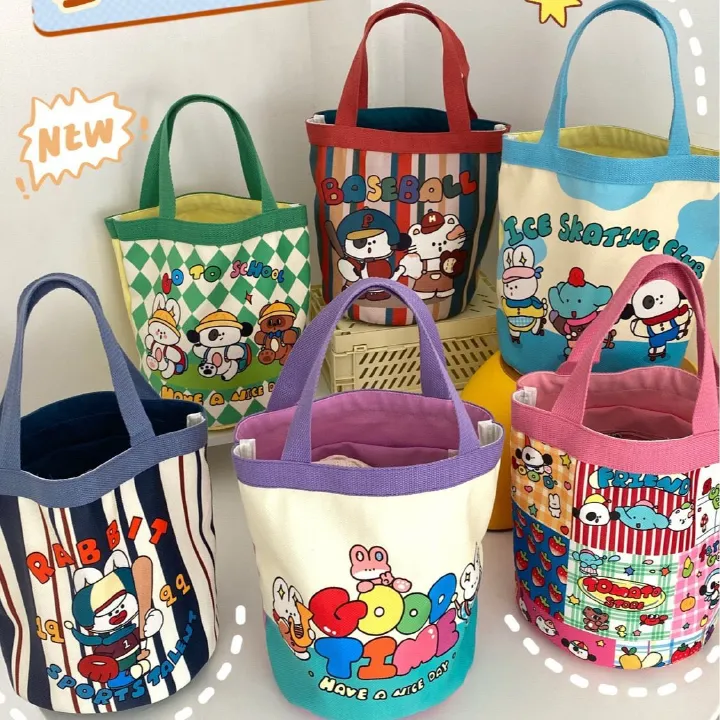 Cute Graffiti Bucket Bag Ins Printed Cylinder Bag Canvas Bento Bag Korean Style Girl Handheld Lunch Box Mommy Bag