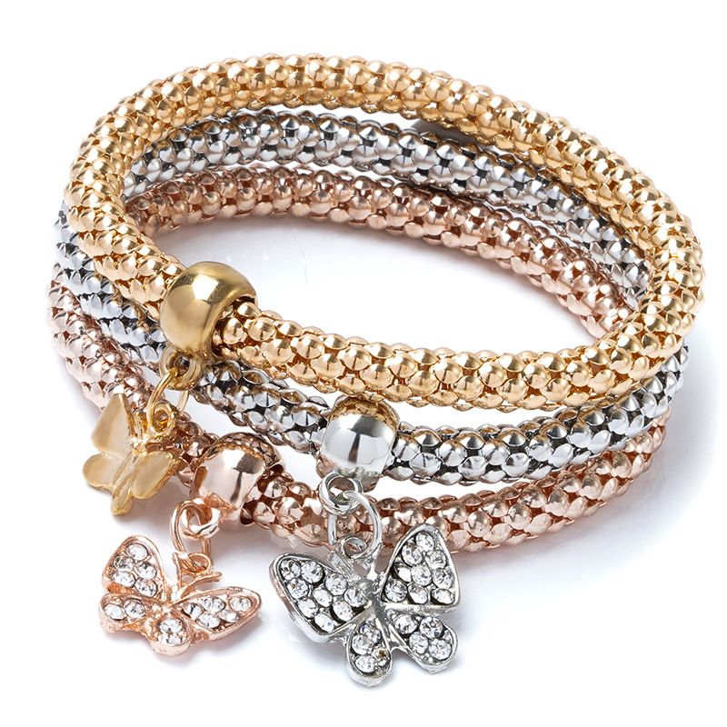 Alloy tri color set elastic popcorn corn chain diamond studded heart-shaped pendant bracelet