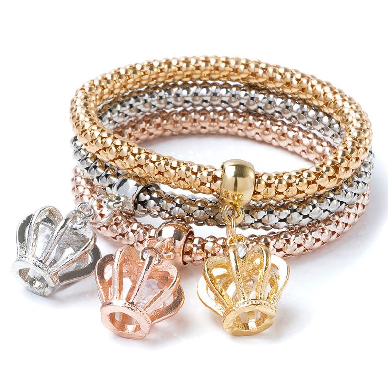 Alloy tri color set elastic popcorn corn chain diamond studded heart-shaped pendant bracelet