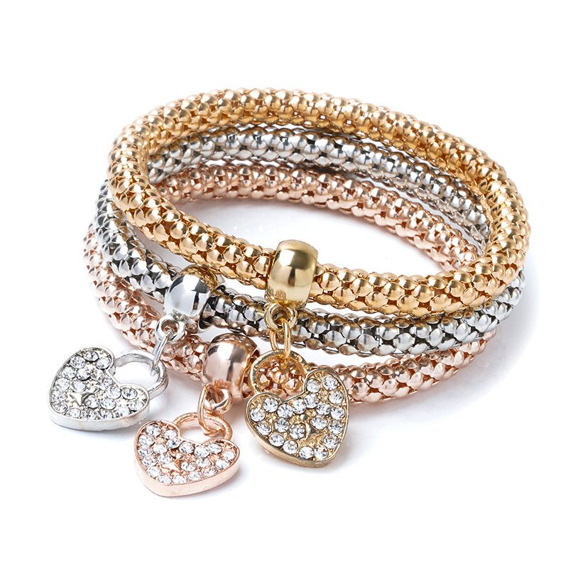 Alloy tri color set elastic popcorn corn chain diamond studded heart-shaped pendant bracelet