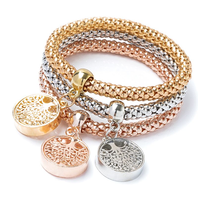 Alloy tri color set elastic popcorn corn chain diamond studded heart-shaped pendant bracelet