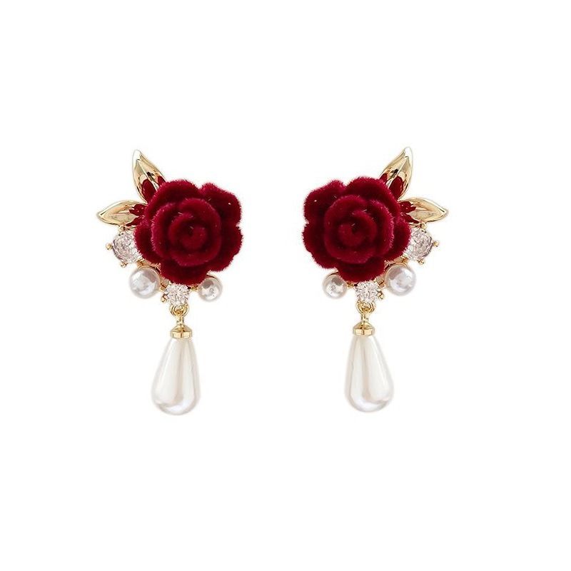Retro velvet flower pearl earrings for women, light luxury, high-end, fairy like rose earrings