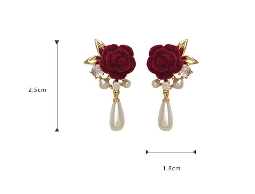 Retro velvet flower pearl earrings for women, light luxury, high-end, fairy like rose earrings