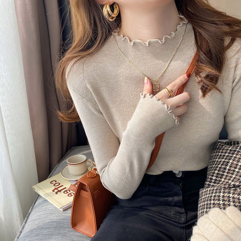 Black fungus lace base sweater for women's autumn and winter new style, semi high collar, inner long sleeved knit sweater, stylish top