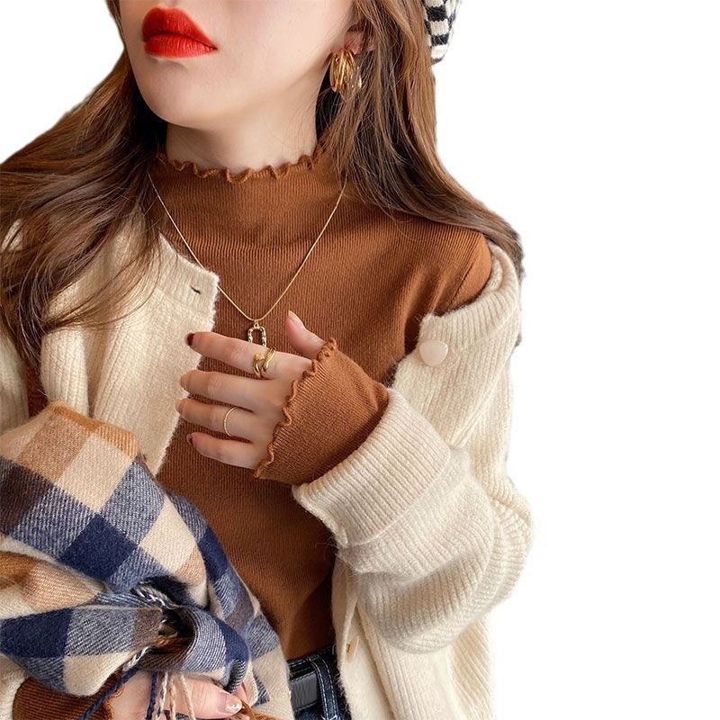 Black fungus lace base sweater for women's autumn and winter new style, semi high collar, inner long sleeved knit sweater, stylish top