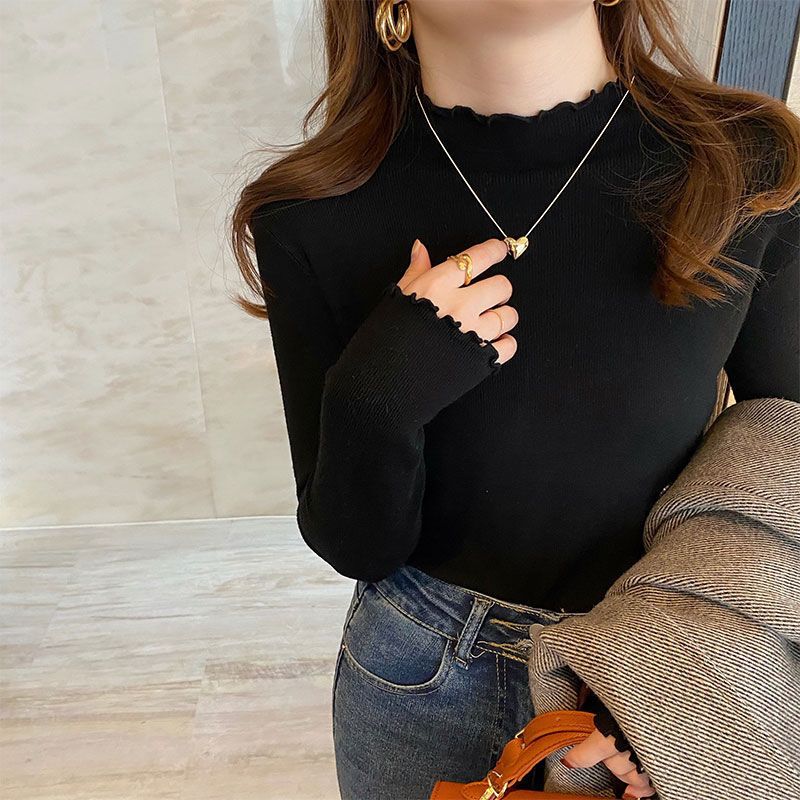Black fungus lace base sweater for women's autumn and winter new style, semi high collar, inner long sleeved knit sweater, stylish top