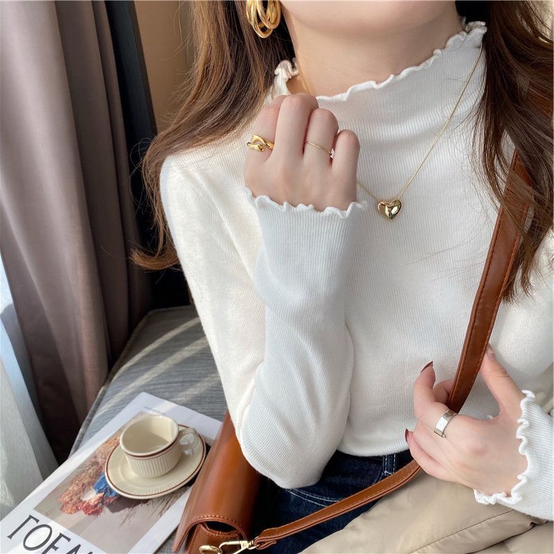 Black fungus lace base sweater for women's autumn and winter new style, semi high collar, inner long sleeved knit sweater, stylish top