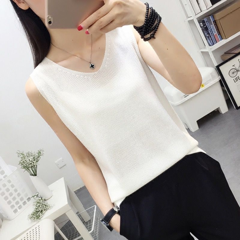 Ice silk knitted V-neck solid color vest, loose and slimming, covering the belly, large size sleeveless knitted suspender, worn inside and outside