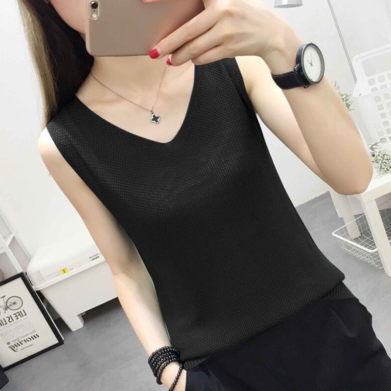 Ice silk knitted V-neck solid color vest, loose and slimming, covering the belly, large size sleeveless knitted suspender, worn inside and outside