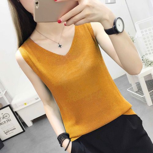 Ice silk knitted V-neck solid color vest, loose and slimming, covering the belly, large size sleeveless knitted suspender, worn inside and outside