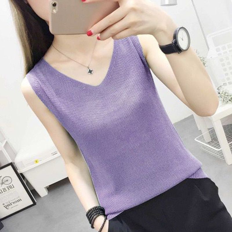 Ice silk knitted V-neck solid color vest, loose and slimming, covering the belly, large size sleeveless knitted suspender, worn inside and outside