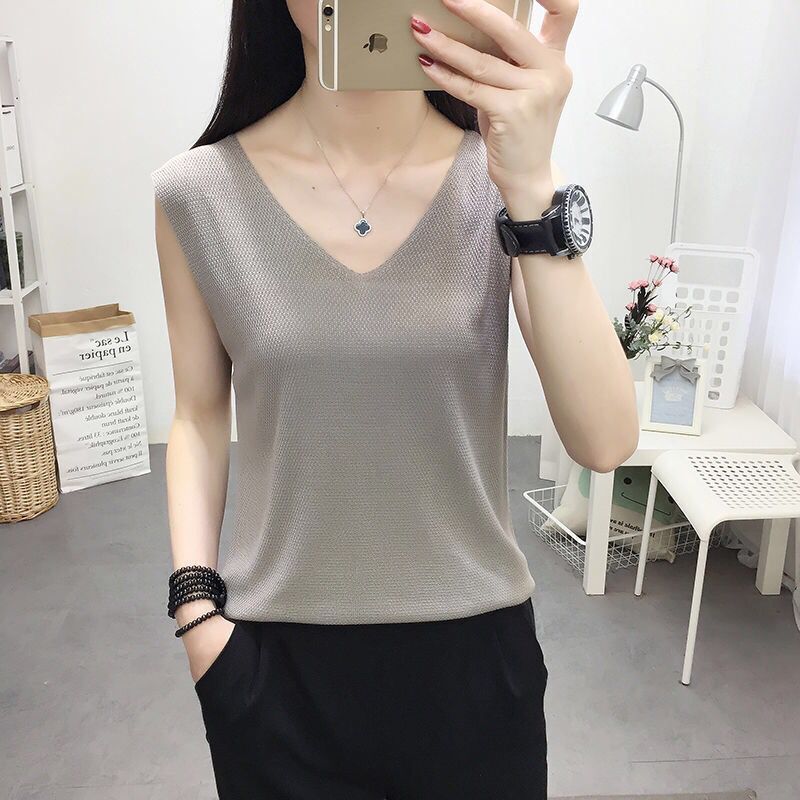 Ice silk knitted V-neck solid color vest, loose and slimming, covering the belly, large size sleeveless knitted suspender, worn inside and outside