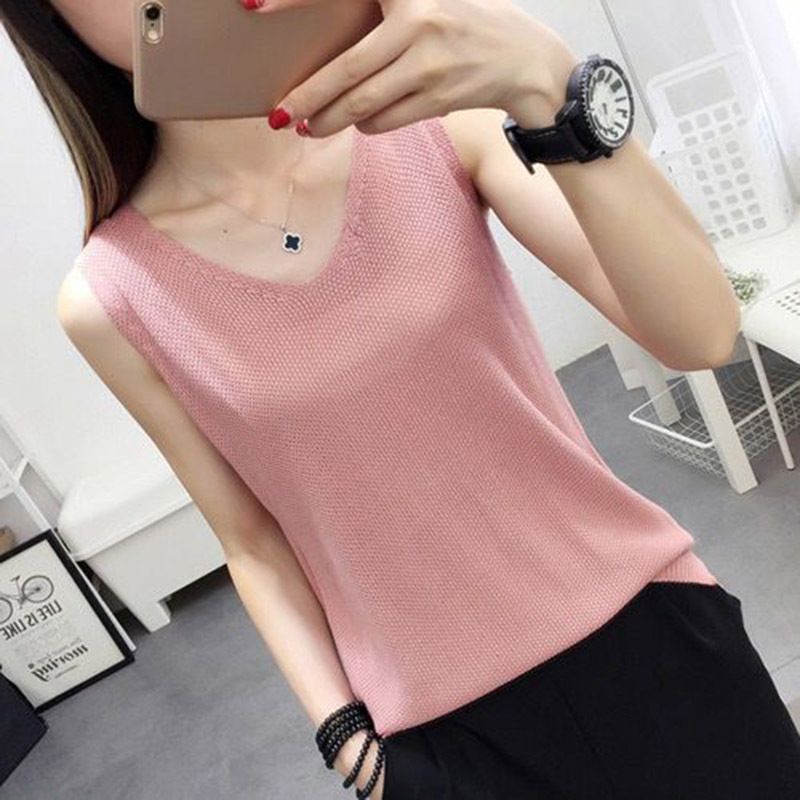 Ice silk knitted V-neck solid color vest, loose and slimming, covering the belly, large size sleeveless knitted suspender, worn inside and outside