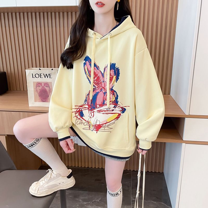 Hooded hoodie for women, small and tall, 2025 new item, chubby, mm, plus size, cartoon, spring new item, fake two-piece hoodie