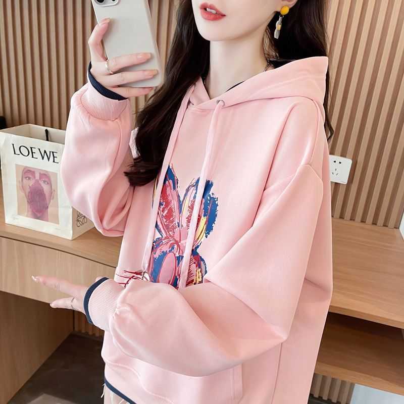 Hooded hoodie for women, small and tall, 2025 new item, chubby, mm, plus size, cartoon, spring new item, fake two-piece hoodie