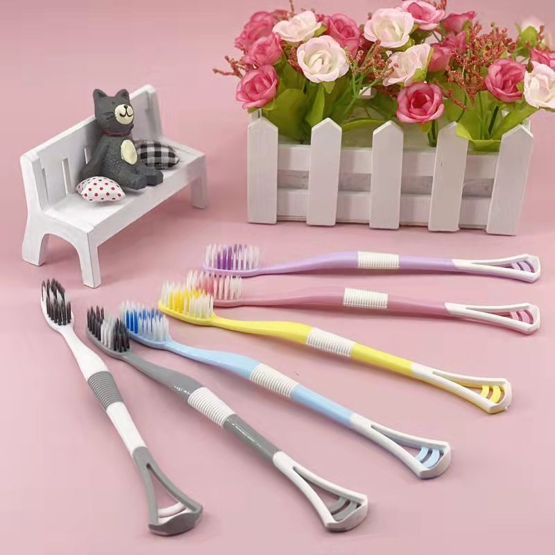 Explosive toothbrush with dense soft bristles, ultra fine and soft small wide headband, tongue scraper, macaron for cleaning the mouth without damaging the gums