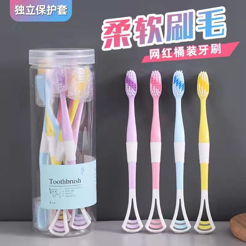 Explosive toothbrush with dense soft bristles, ultra fine and soft small wide headband, tongue scraper, macaron for cleaning the mouth without damaging the gums