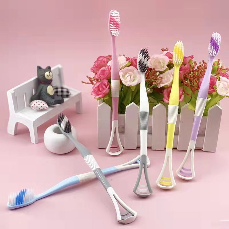 Explosive toothbrush with dense soft bristles, ultra fine and soft small wide headband, tongue scraper, macaron for cleaning the mouth without damaging the gums