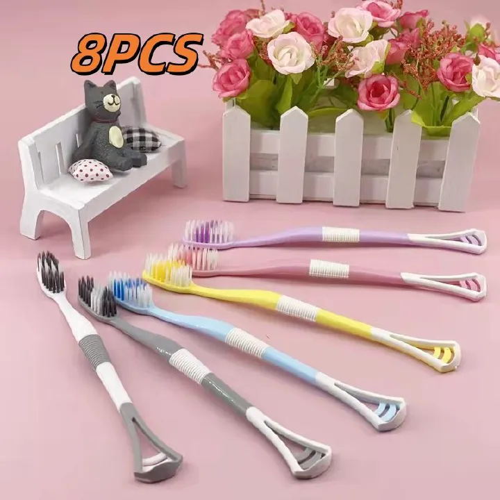 Explosive toothbrush with dense soft bristles, ultra fine and soft small wide headband, tongue scraper, macaron for cleaning the mouth without damaging the gums