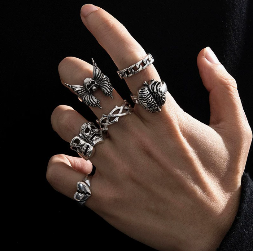 6PCS Men's Retro Hip Hop Ring Set Frog Snake Skull Cool Punk Gothic Spider Combination Ring