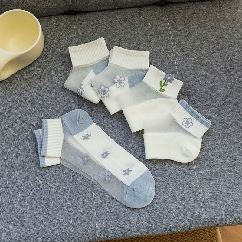 5PCS Crystal Socks Women's Glass Fiber Short Socks Ins Anti slip and Breathable Spring and Summer Thin Edition Sweat Absorbing, Wear resistant, Ice Silk Anti Hook
