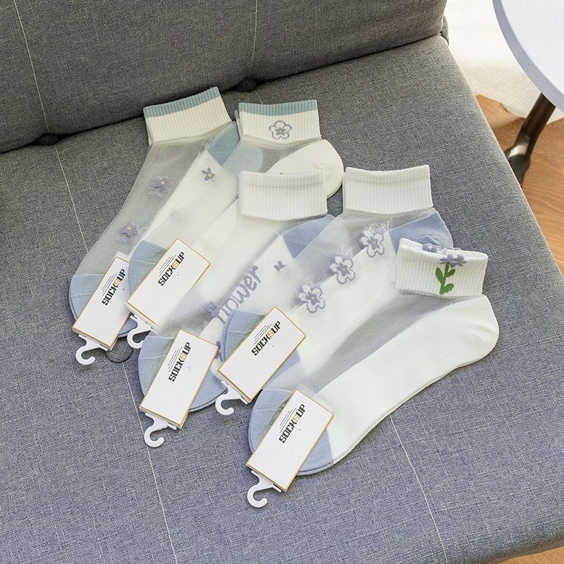 5PCS Crystal Socks Women's Glass Fiber Short Socks Ins Anti slip and Breathable Spring and Summer Thin Edition Sweat Absorbing, Wear resistant, Ice Silk Anti Hook