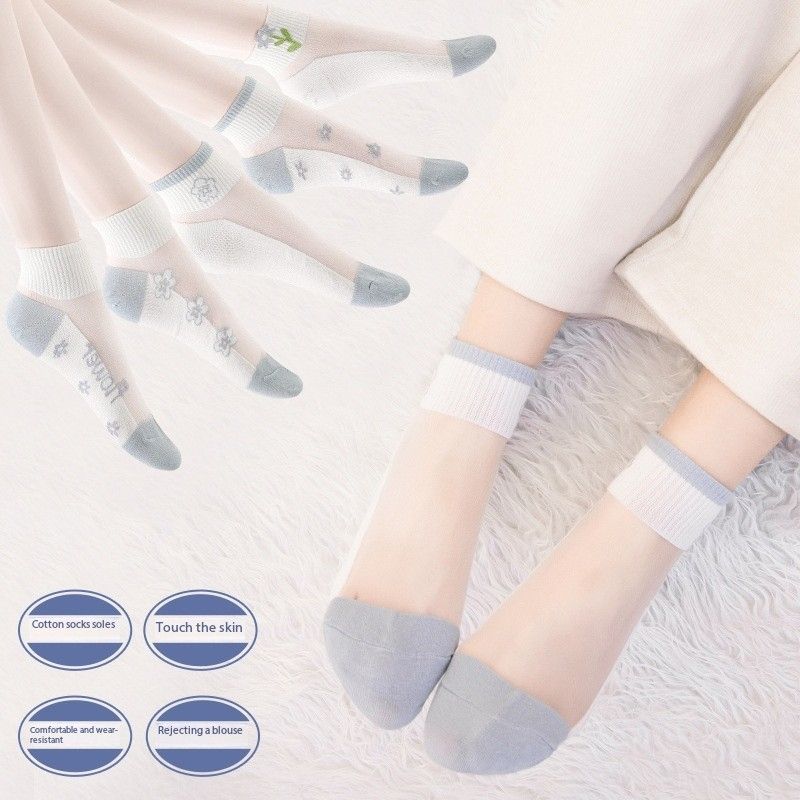 5PCS Crystal Socks Women's Glass Fiber Short Socks Ins Anti slip and Breathable Spring and Summer Thin Edition Sweat Absorbing, Wear resistant, Ice Silk Anti Hook