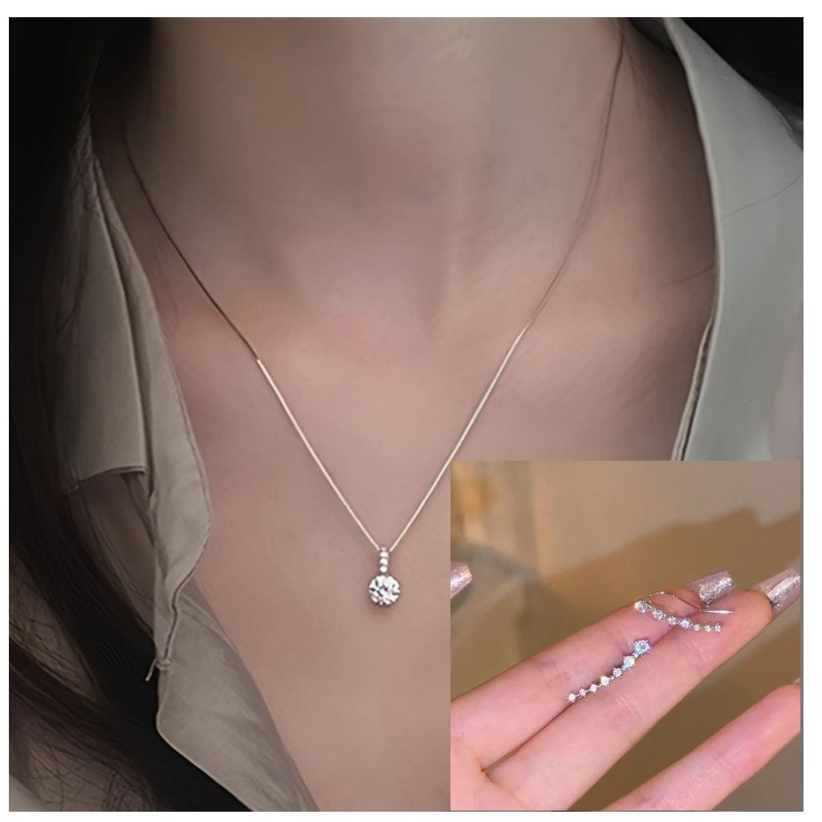 2-piece set of fashionable silver simple and compact single sparkling diamond light luxury fashion necklace earrings