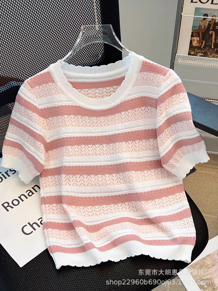 Colorful striped knitted ice silk short sleeved T-shirt 2025 new design sense round neck shoulder short sleeved knitted top