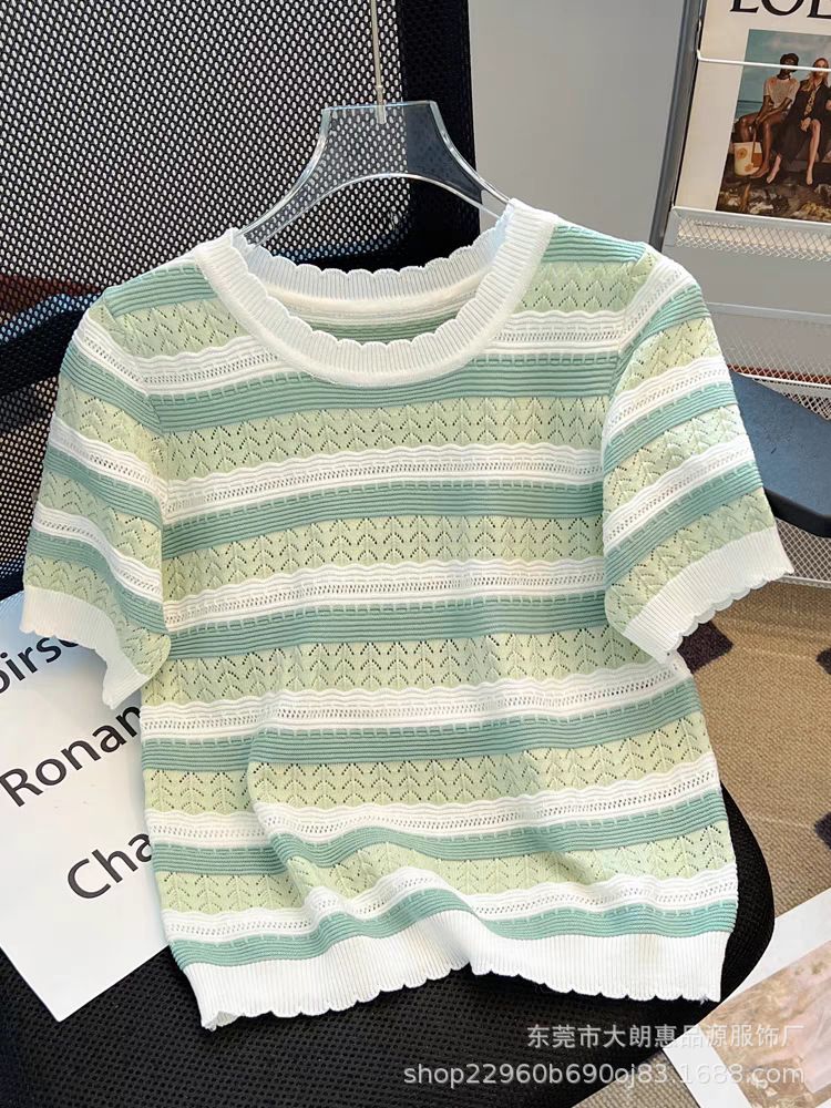 Colorful striped knitted ice silk short sleeved T-shirt 2025 new design sense round neck shoulder short sleeved knitted top